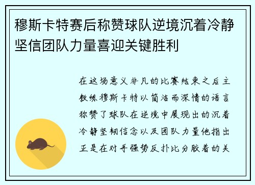 穆斯卡特赛后称赞球队逆境沉着冷静坚信团队力量喜迎关键胜利