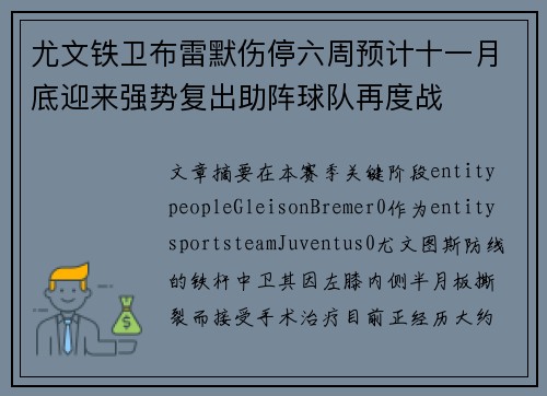 尤文铁卫布雷默伤停六周预计十一月底迎来强势复出助阵球队再度战