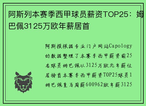 阿斯列本赛季西甲球员薪资TOP25：姆巴佩3125万欧年薪居首